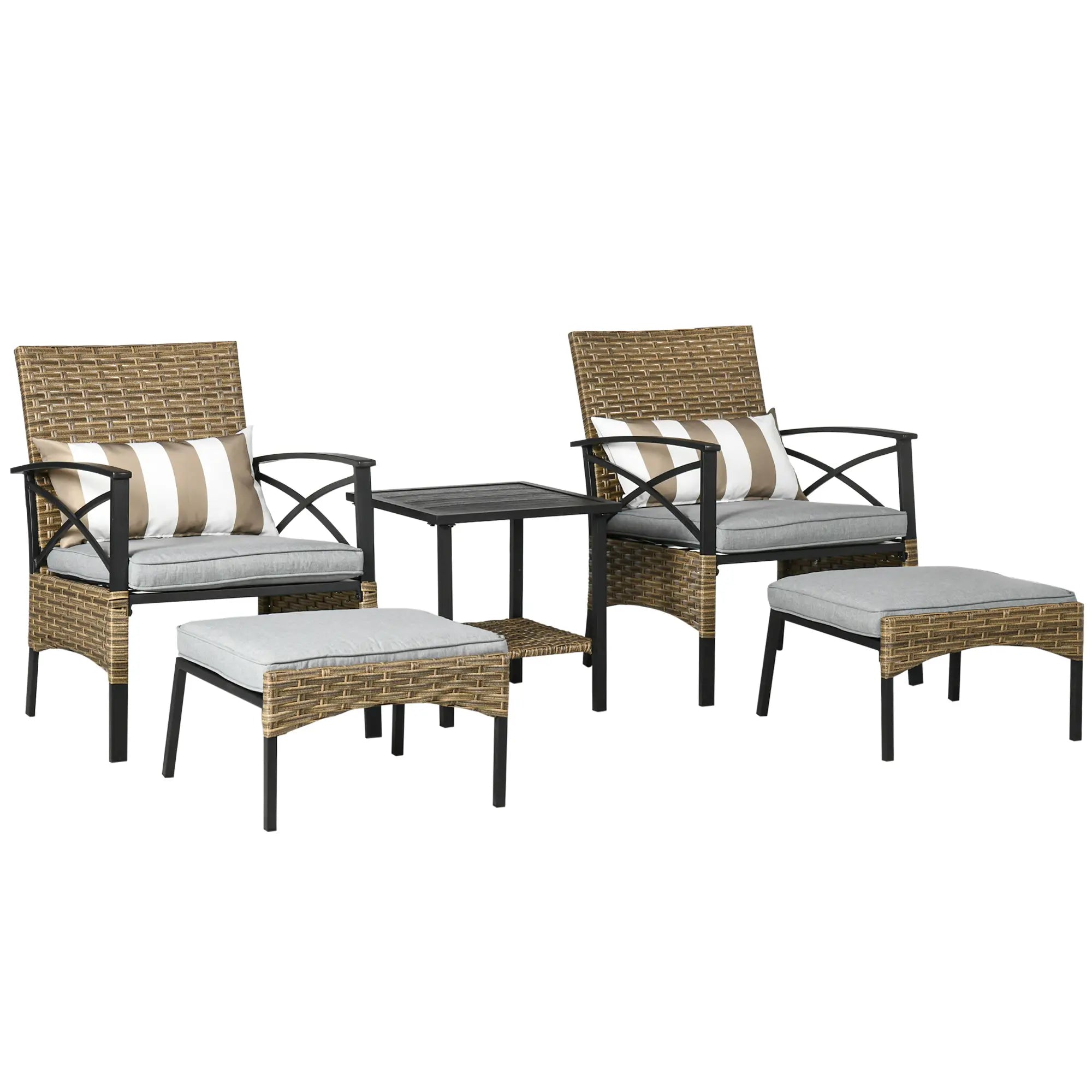 5 Piece PE Rattan Garden Set, 2 Armchairs, 2 Stools, Steel Table, Khaki Bistro Sets White/Khaki/Grey at Gallery Canada