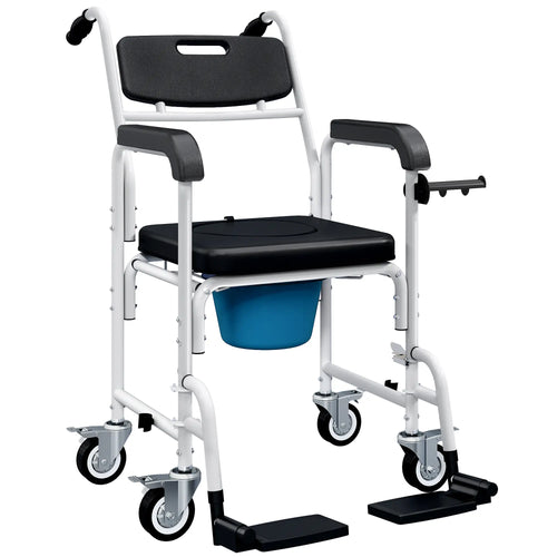 Rolling Shower Wheelchair, Bedside Commode Chair with Locking Wheels, Black
