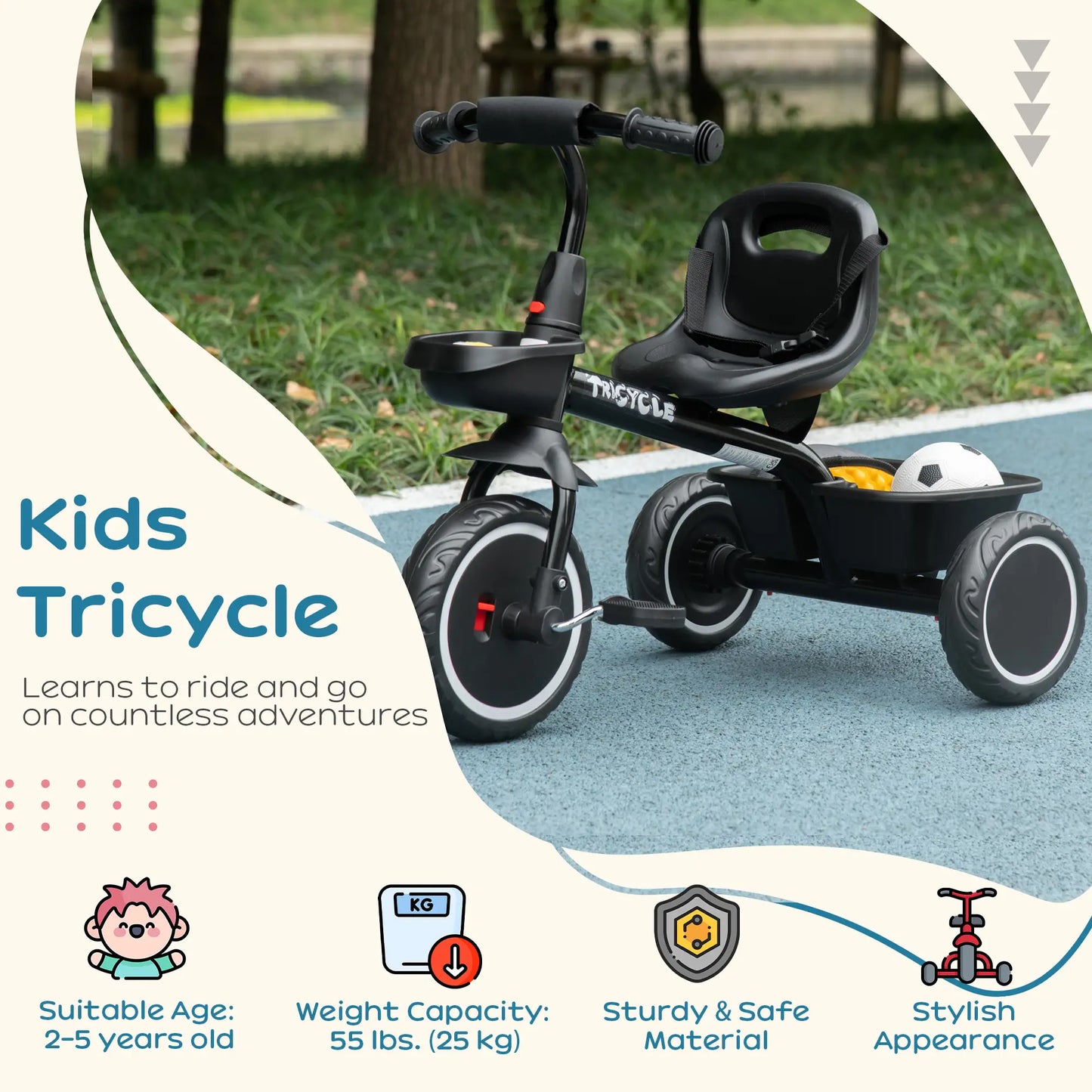 Tricycle for Toddlers 2-5 Years, Adjustable Seat, Black Tricycles for Kids at Gallery Canada
