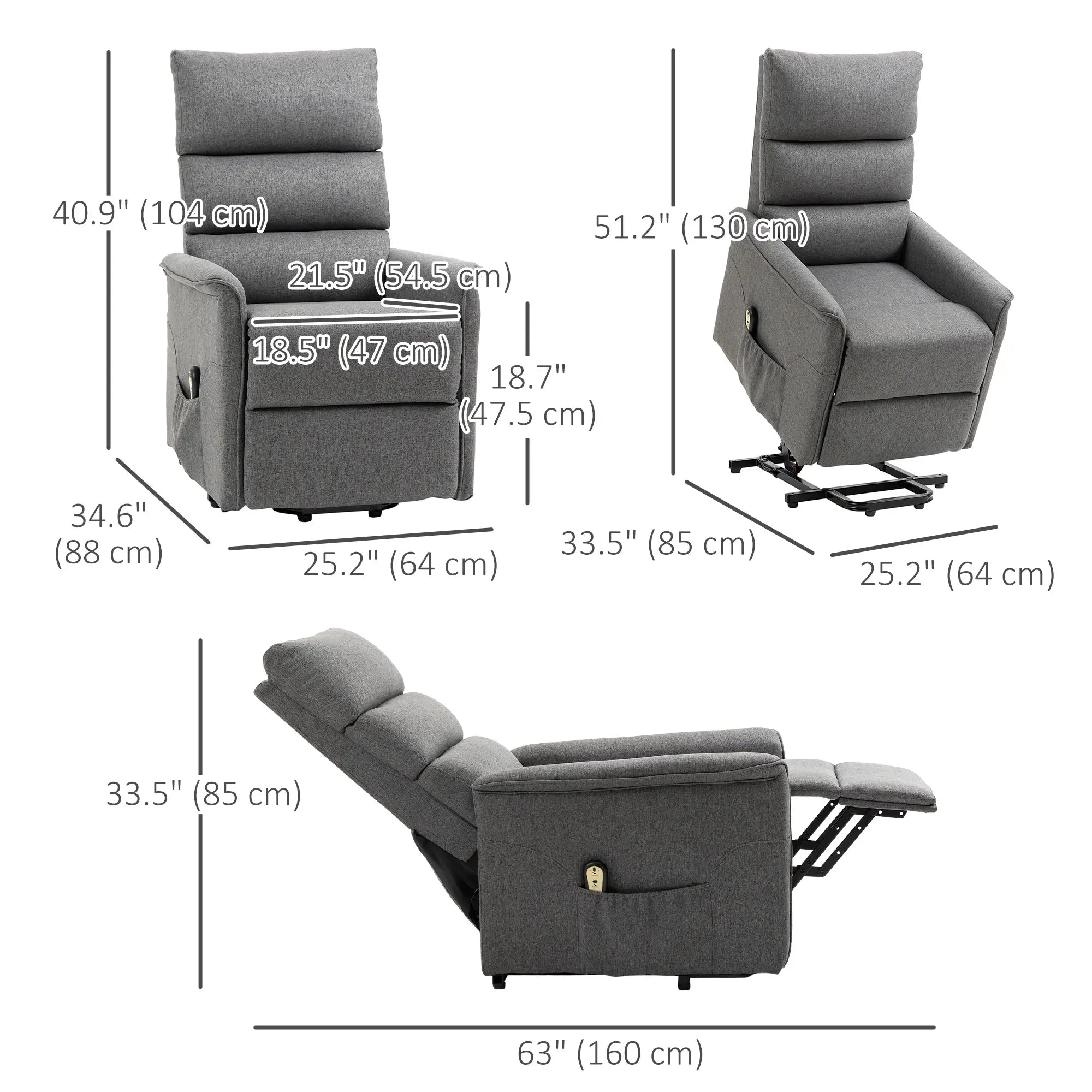 Power Lift Chair Recliner, Remote Control, Side Pockets, Dark Grey Electric Power Lift Chairs at Gallery Canada