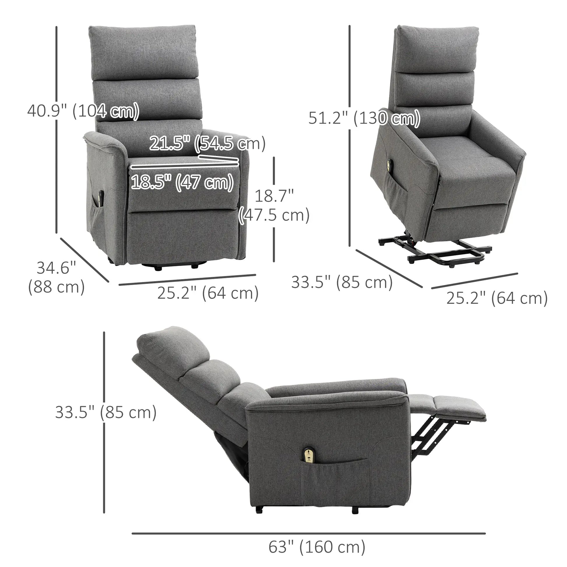 Power Lift Chair Recliner, Remote Control, Side Pockets, Dark Grey Electric Power Lift Chairs at Gallery Canada