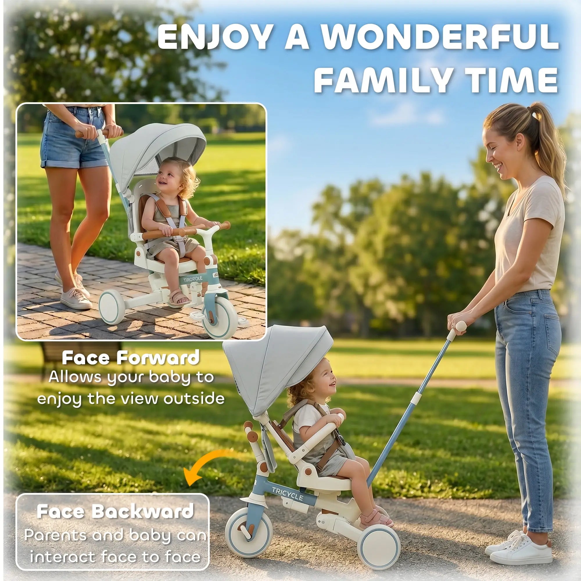 7 in 1 Toddler Tricycle, Adjustable Parent Handle, Canopy, Storage Bag, Brake, Blue Tricycles for Kids at Gallery Canada