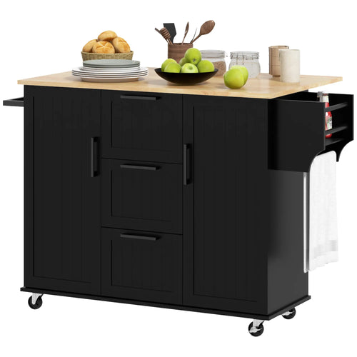 Rolling Kitchen Cart, Drop Leaf, 3 Drawers, Solid Wood Top, Black