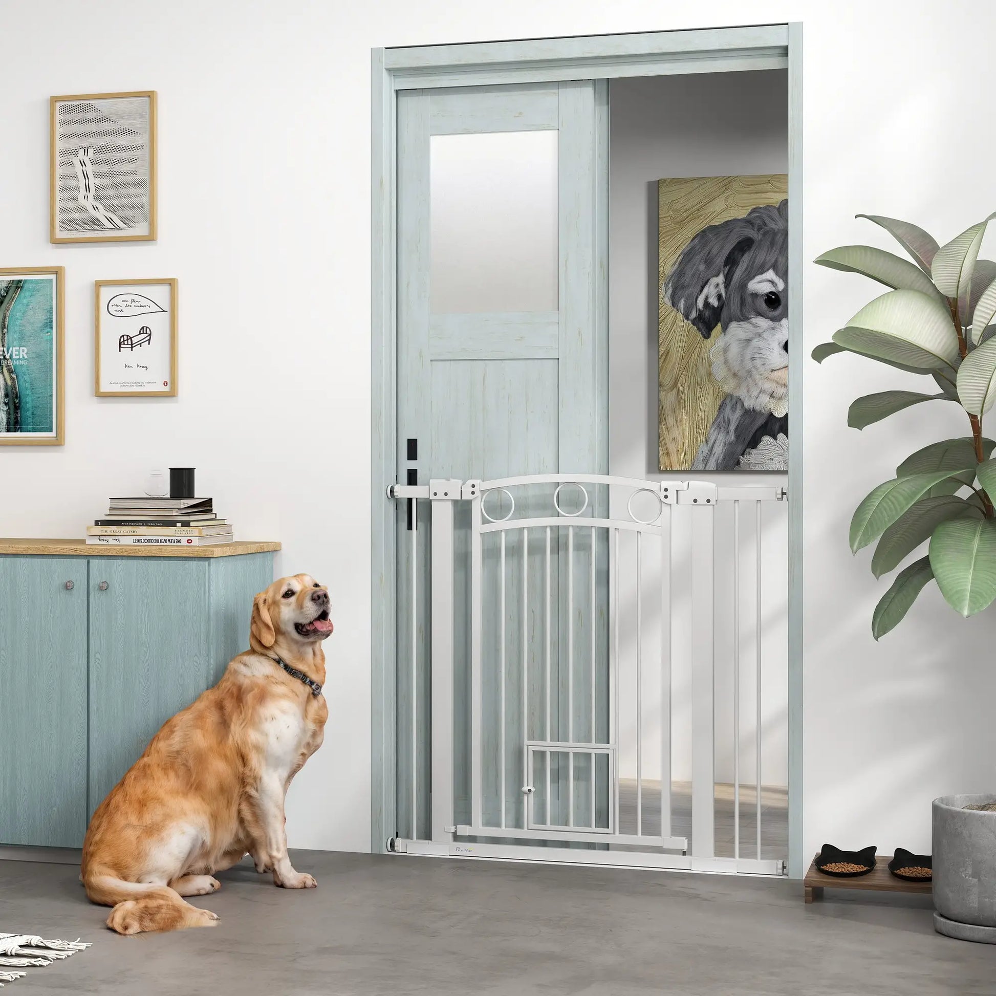 38" Extra Tall Dog Gate With Cat Door, 2 Extension Kits, 30"-41" Width Houses, Kennels & Pens at Gallery Canada