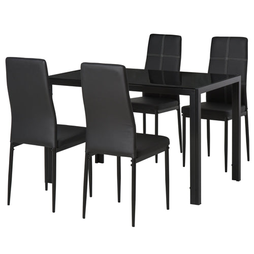 Dining Table Set for 4, 5-Piece Rectangular Glass Kitchen Table With Chairs With Metal Frame and Faux Leather Upholstery for Dining Room, Living Room, Black