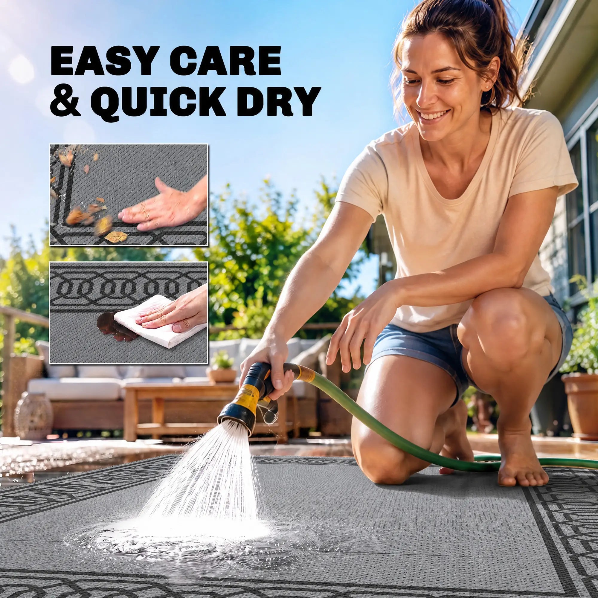 Portable Outdoor Rug, 9' x 12', Waterproof, Reversible, Black and Grey Outdoor Reversible Rugs at Gallery Canada