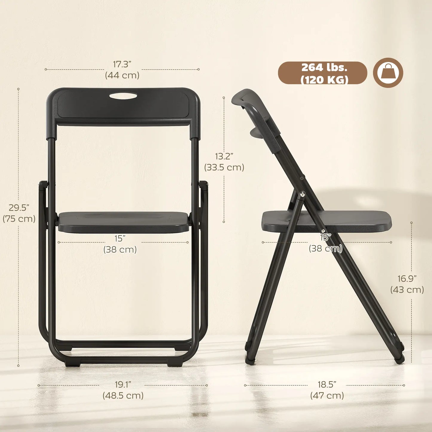 Folding Chairs 6 Pack, Black Plastic With Steel Frame, Black