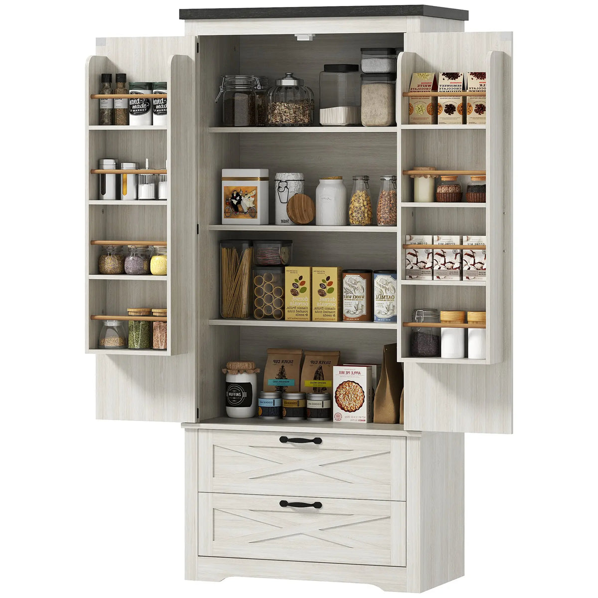 Farmhouse Kitchen Pantry, 64" Freestanding, Distressed, White Kitchen Pantry Cabinets Distressed White at Gallery Canada
