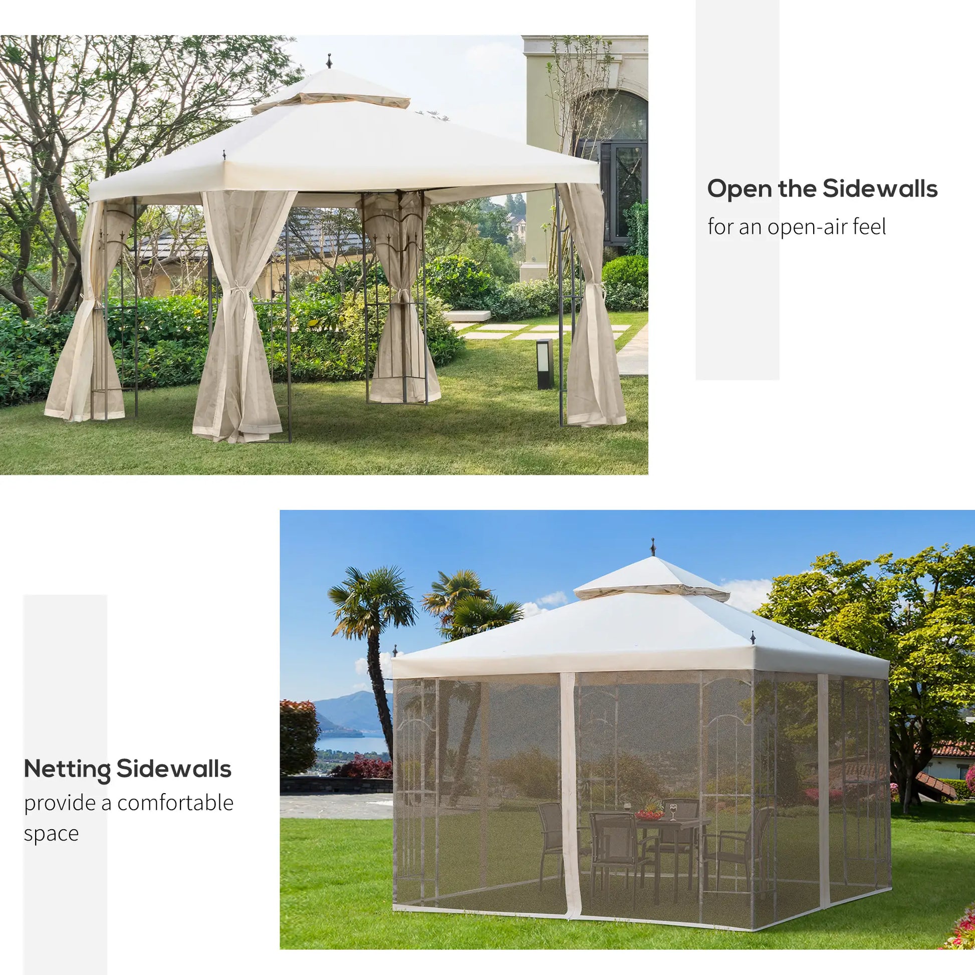 10' x 10' Steel Outdoor Gazebo, Removable Mesh Curtains, Beige Gazebos at Gallery Canada