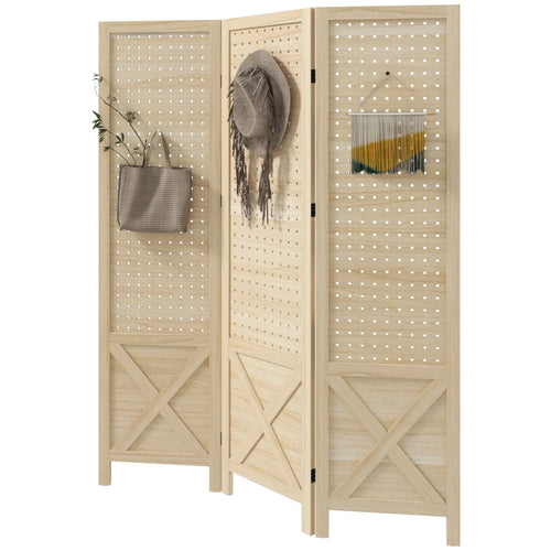 4.7' Wooden Room Divider, 3 Panel Folding Privacy Screen, Natural