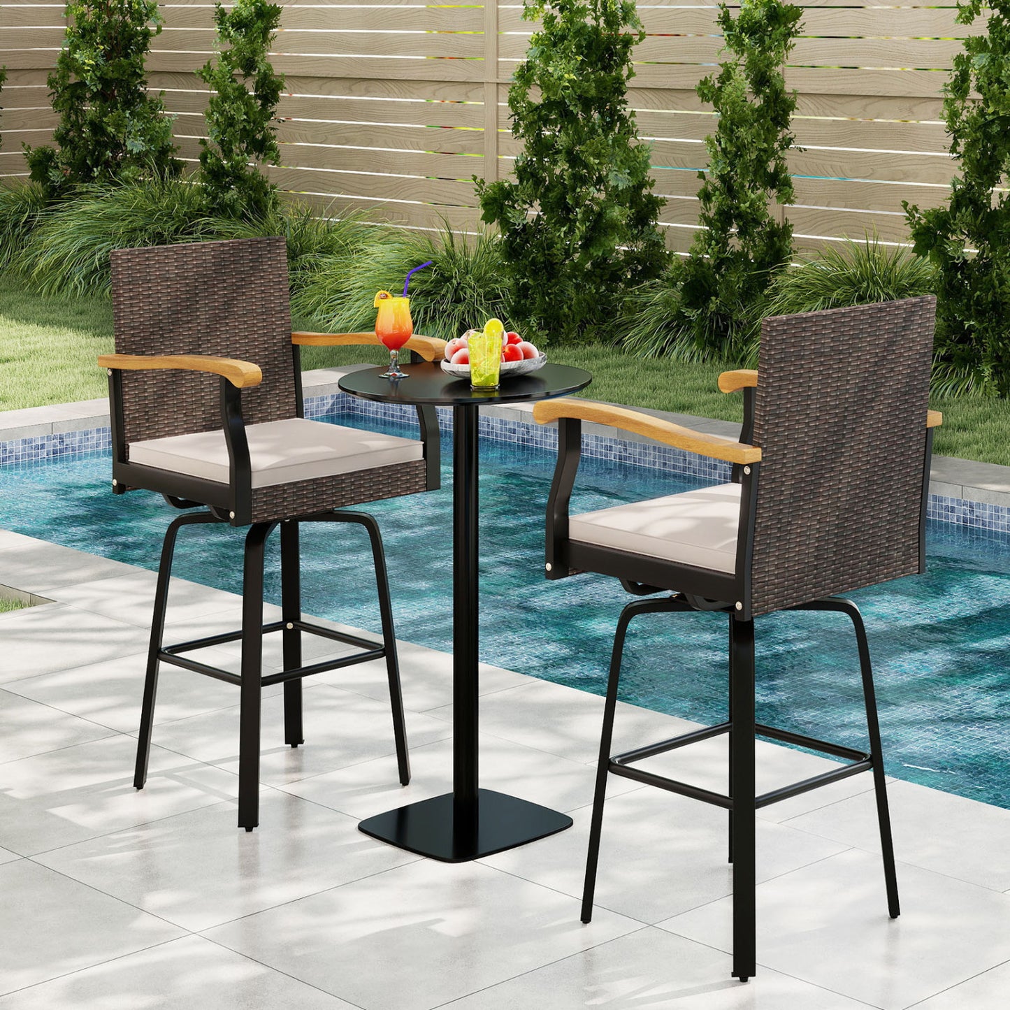 Tabouret de bar pivotant d'extérieur avec coussin et accoudoirs en bois d'acacia, marron