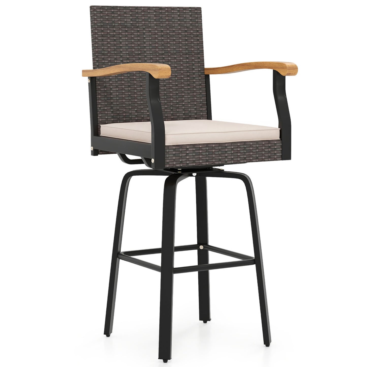 Tabouret de bar pivotant d'extérieur avec coussin et accoudoirs en bois d'acacia, marron