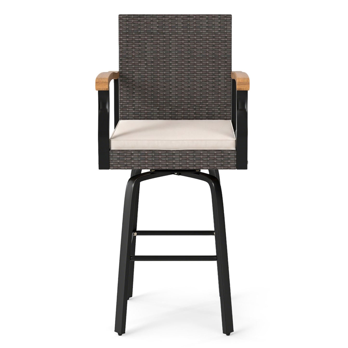 Tabouret de bar pivotant d'extérieur avec coussin et accoudoirs en bois d'acacia, marron