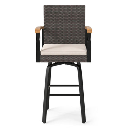 Tabouret de bar pivotant d'extérieur avec coussin et accoudoirs en bois d'acacia, marron
