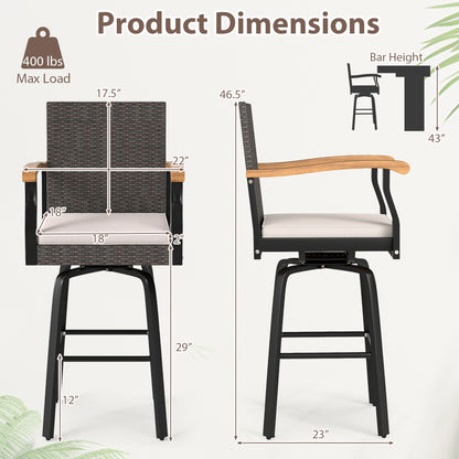 Tabouret de bar pivotant d'extérieur avec coussin et accoudoirs en bois d'acacia, marron