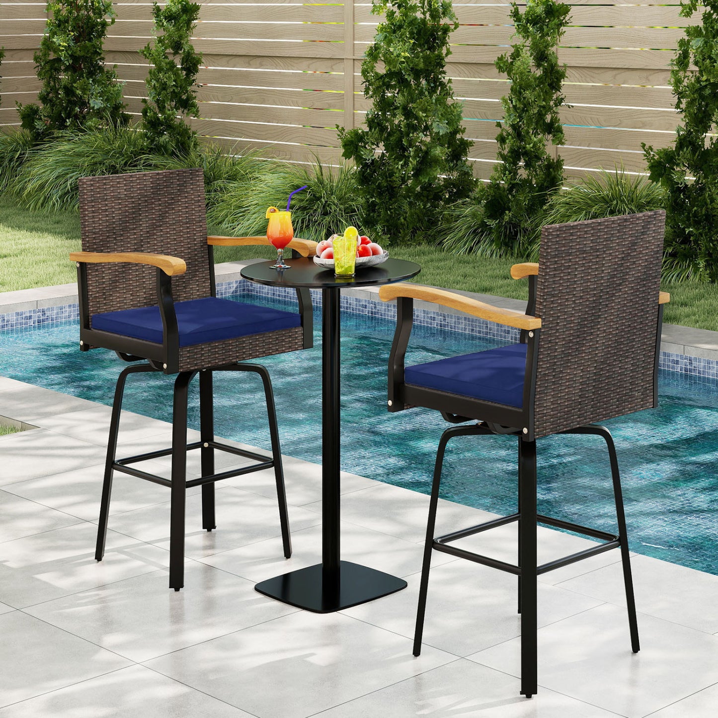 Tabouret de bar pivotant 360° pour extérieur avec coussin, bleu marine