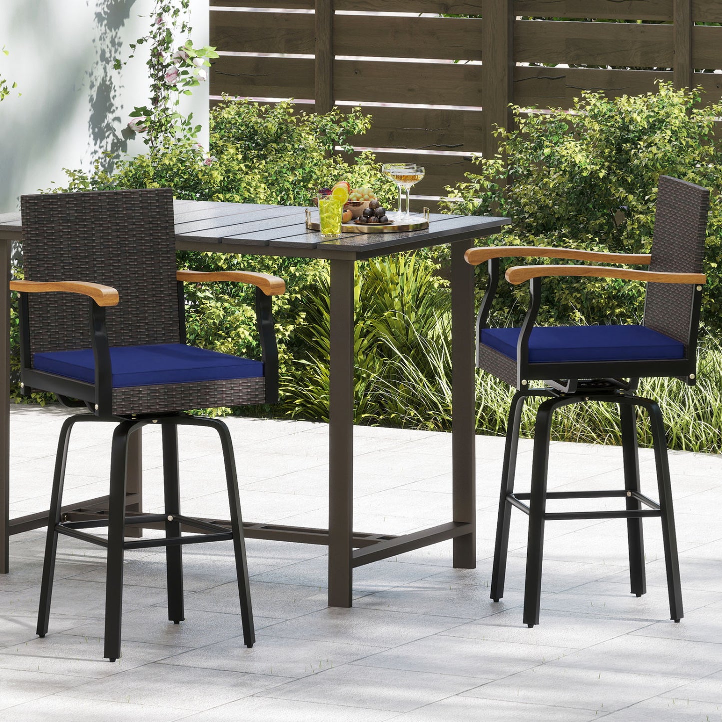 Tabouret de bar pivotant 360° pour extérieur avec coussin, bleu marine