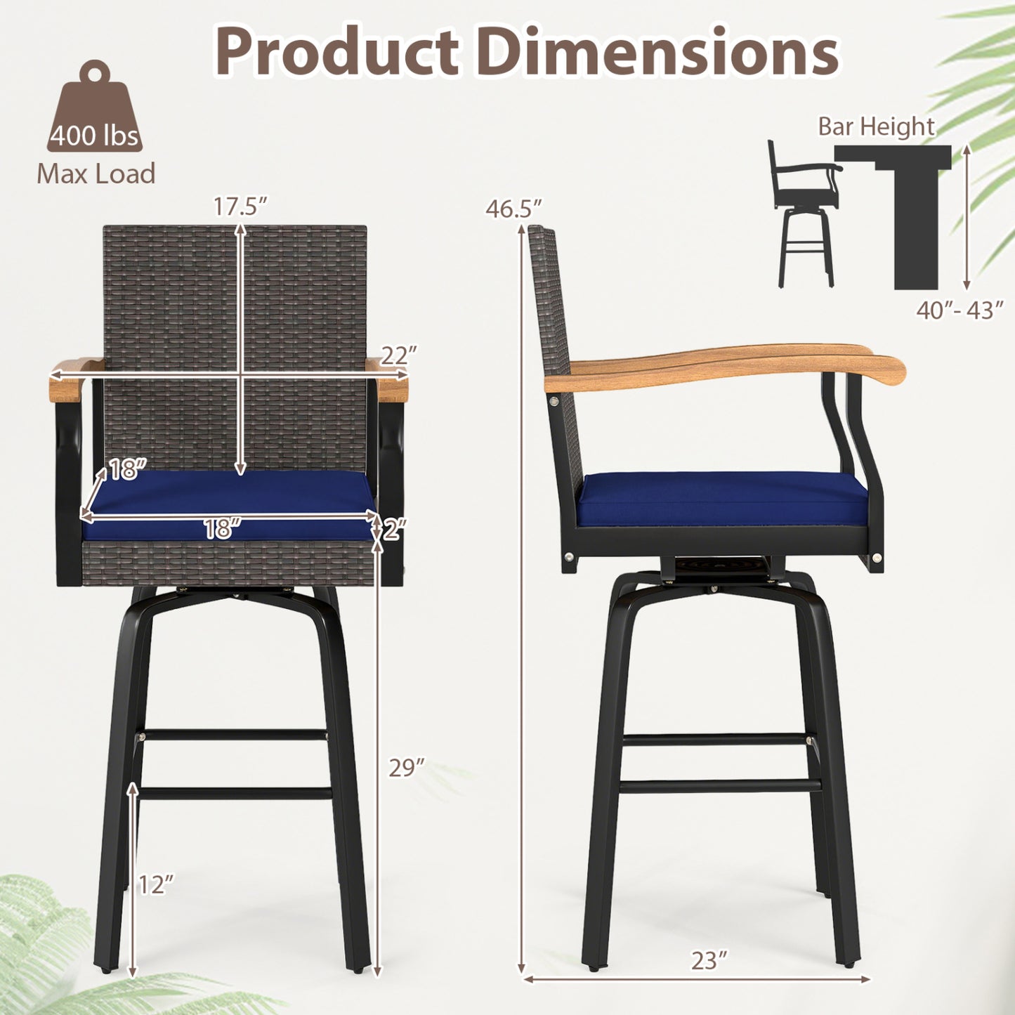 Tabouret de bar pivotant 360° pour extérieur avec coussin, bleu marine