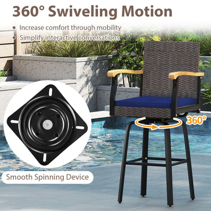 Tabouret de bar pivotant 360° pour extérieur avec coussin, bleu marine