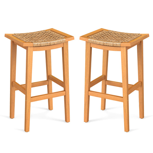 Acacia Wood Bar Stools, Set of 2, PE Rattan Seats Patio Bar Furniture Options at Gallery Canada