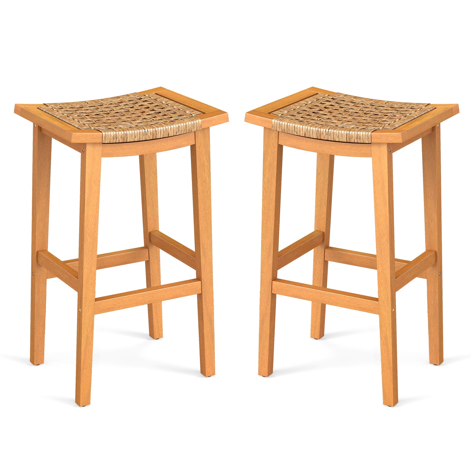 Acacia Wood Bar Stools, Set of 2, PE Rattan Seats Patio Bar Furniture at Gallery Canada
