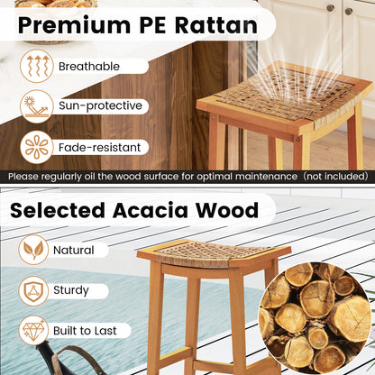 Outdoor Acacia Wood Bar Stools Set of 2 with PE Rattan Seats and Backrests Patio Bar Furniture at Gallery Canada
