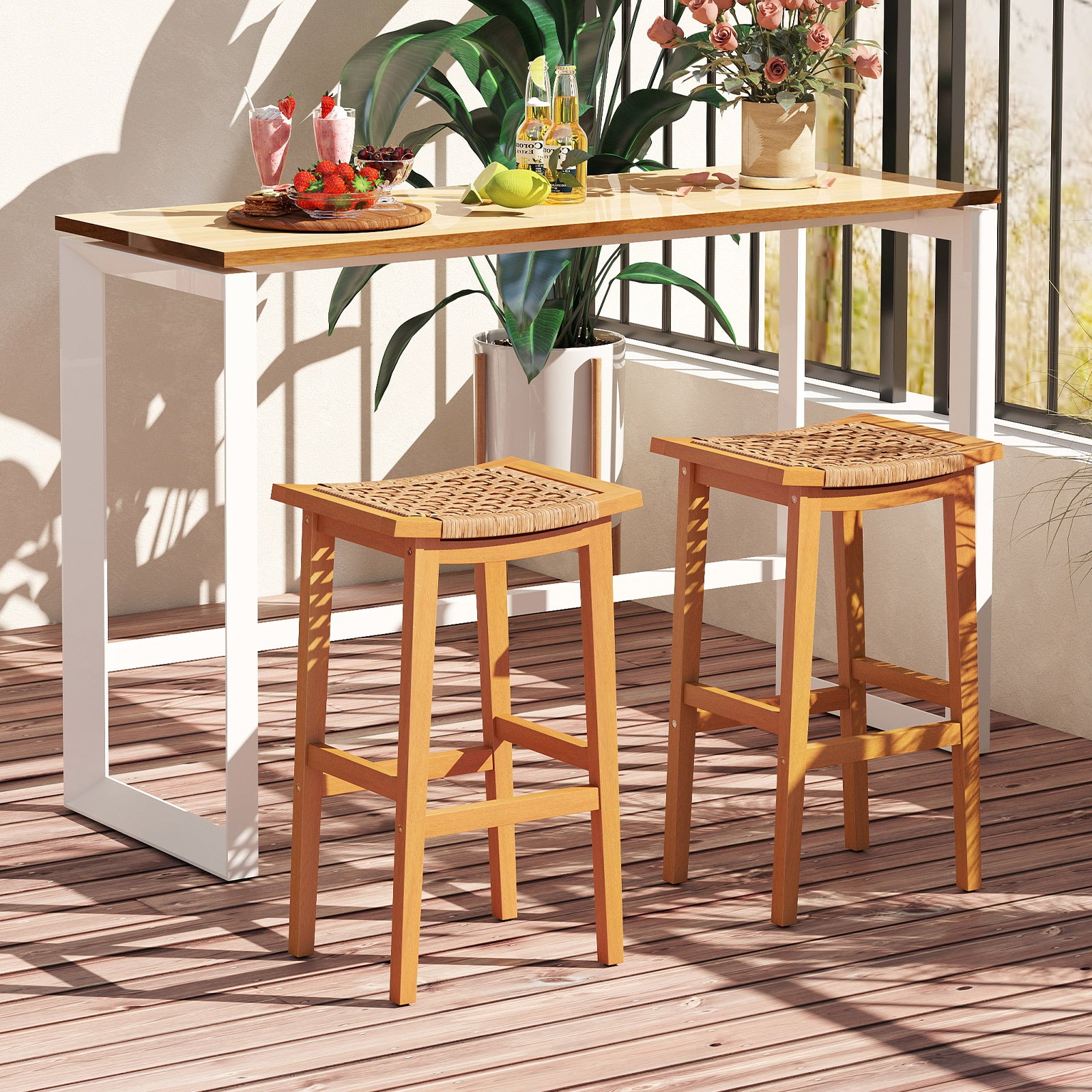 Outdoor Acacia Wood Bar Stools Set of 2 with PE Rattan Seats and Backrests Patio Bar Furniture at Gallery Canada