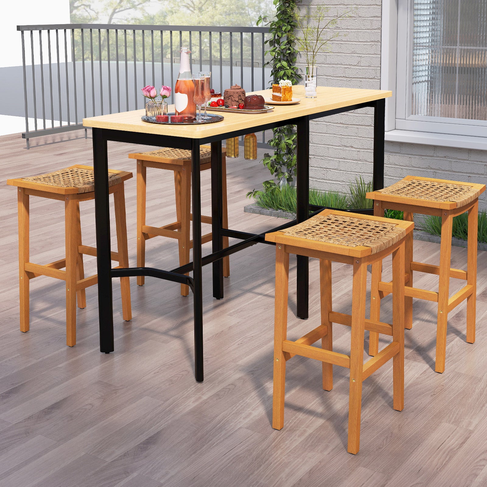 Outdoor Acacia Wood Bar Stools Set of 2 with PE Rattan Seats and Backrests Patio Bar Furniture at Gallery Canada