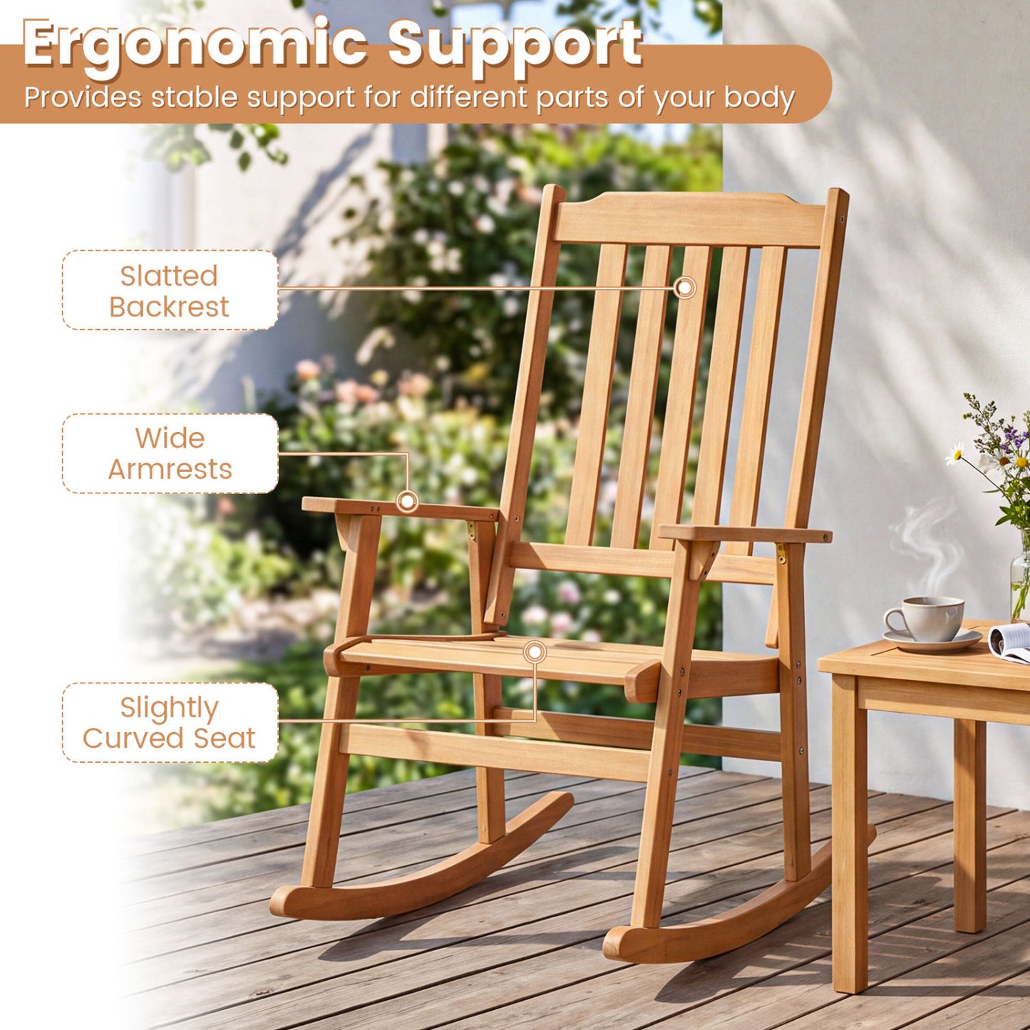 Outdoor Acacia Wood Rocking Chair with High Back and Armrests for Patio, Natural Patio Rocking Chairs & Gliders at Gallery Canada