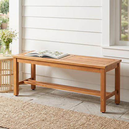 Outdoor Acacia Wood Patio Bench For 2, Slatted Seat