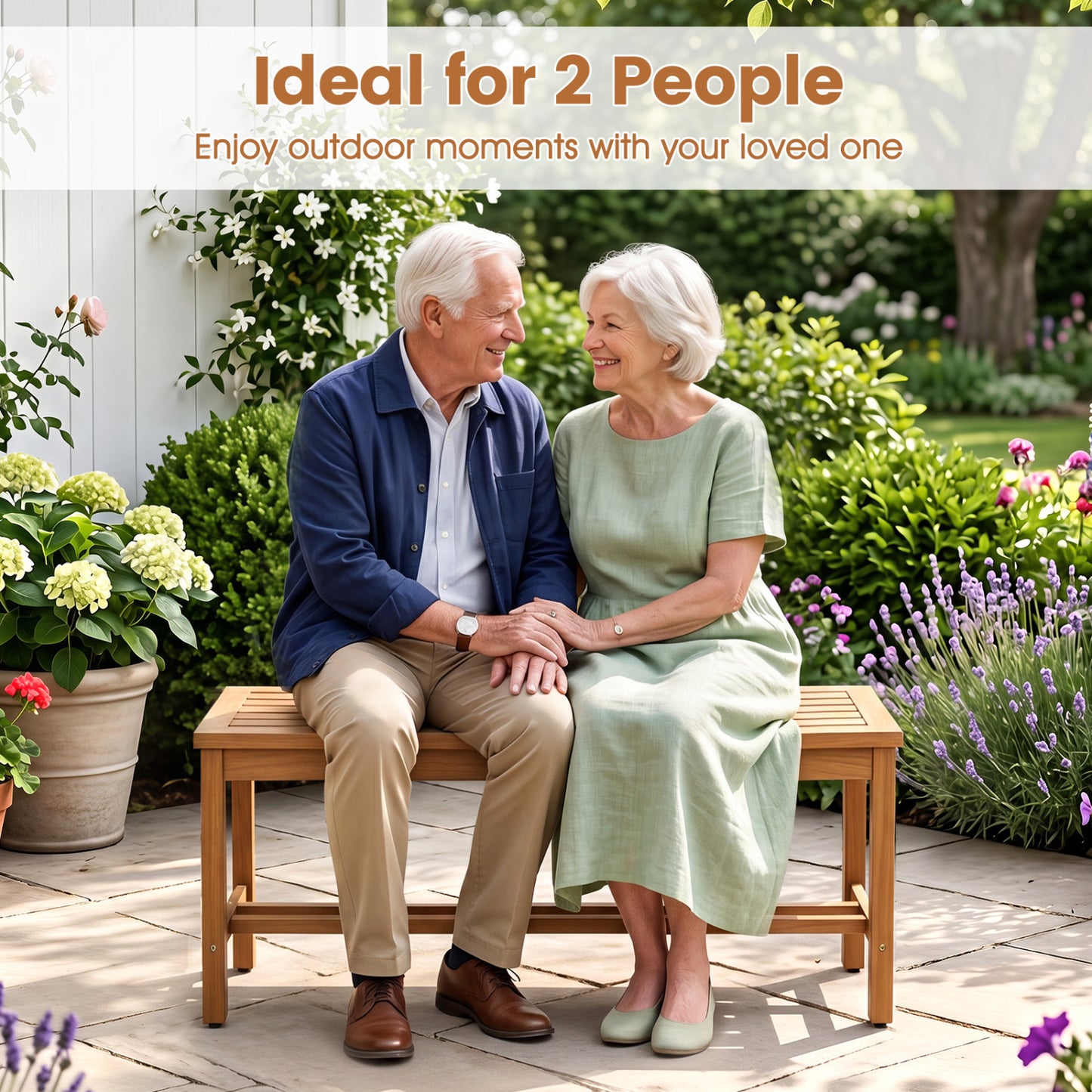 Outdoor Acacia Wood Patio Bench For 2, Slatted Seat