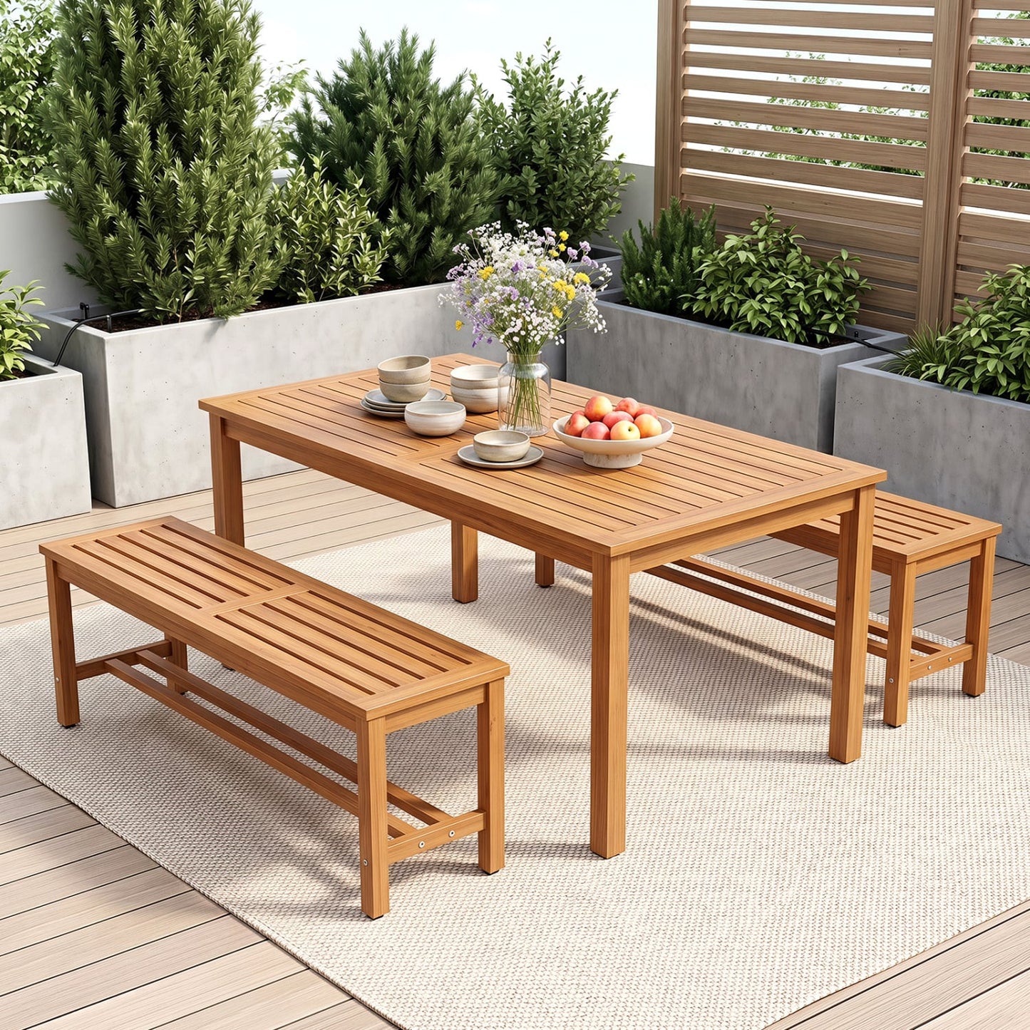 Outdoor Acacia Wood Patio Bench for Two, Slatted Seat