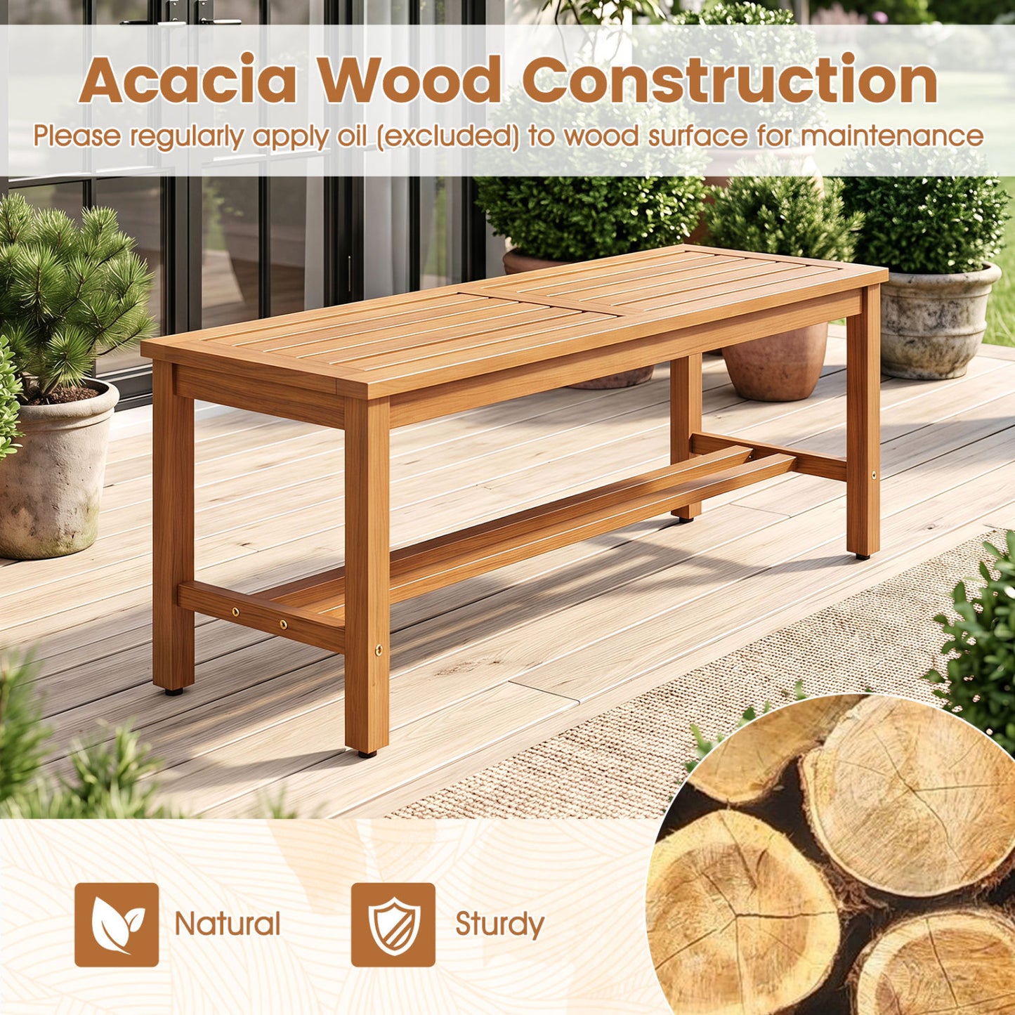 Outdoor Acacia Wood Patio Bench for Two, Slatted Seat