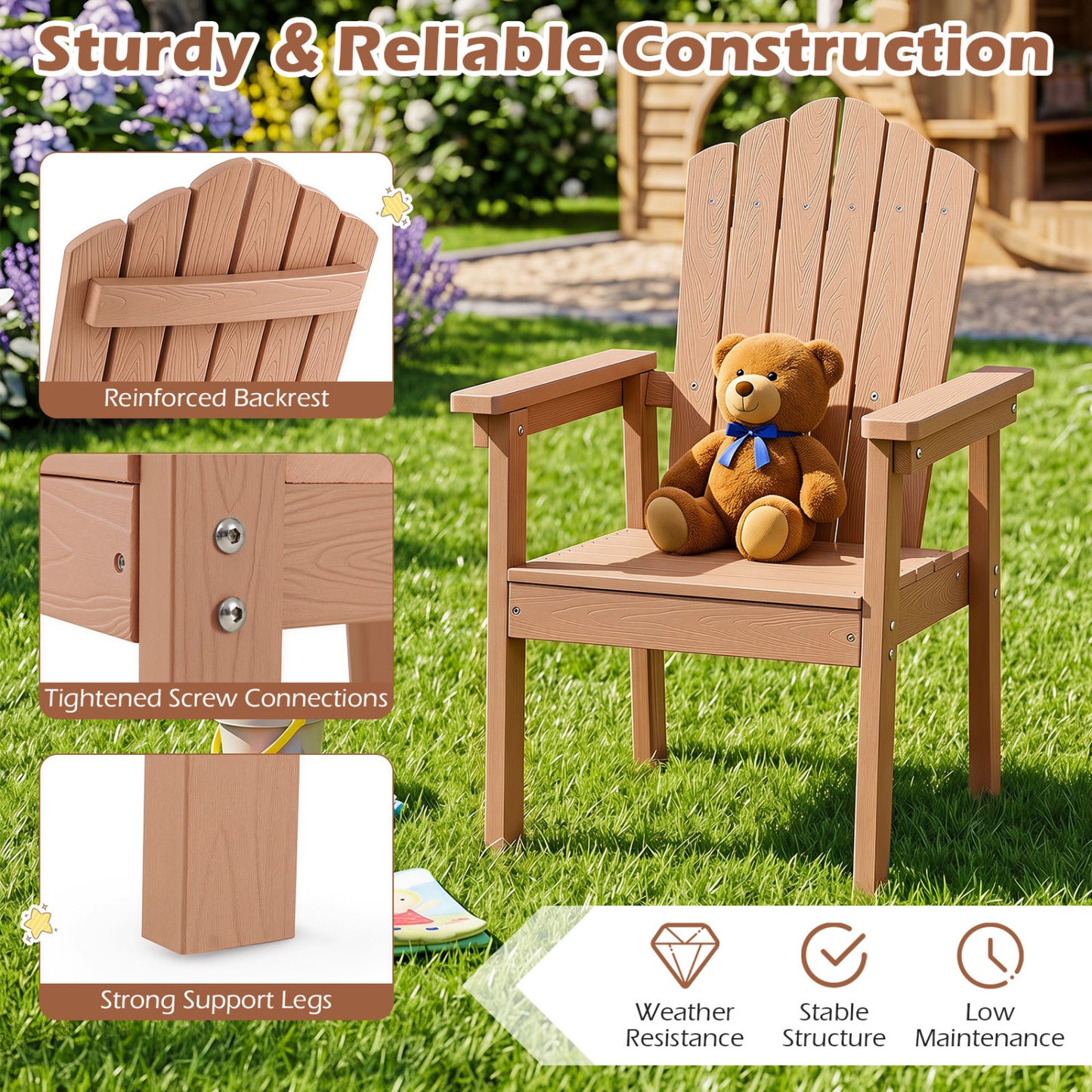 Chaise Adirondack d'extérieur, dossier haut, accoudoirs larges, marron