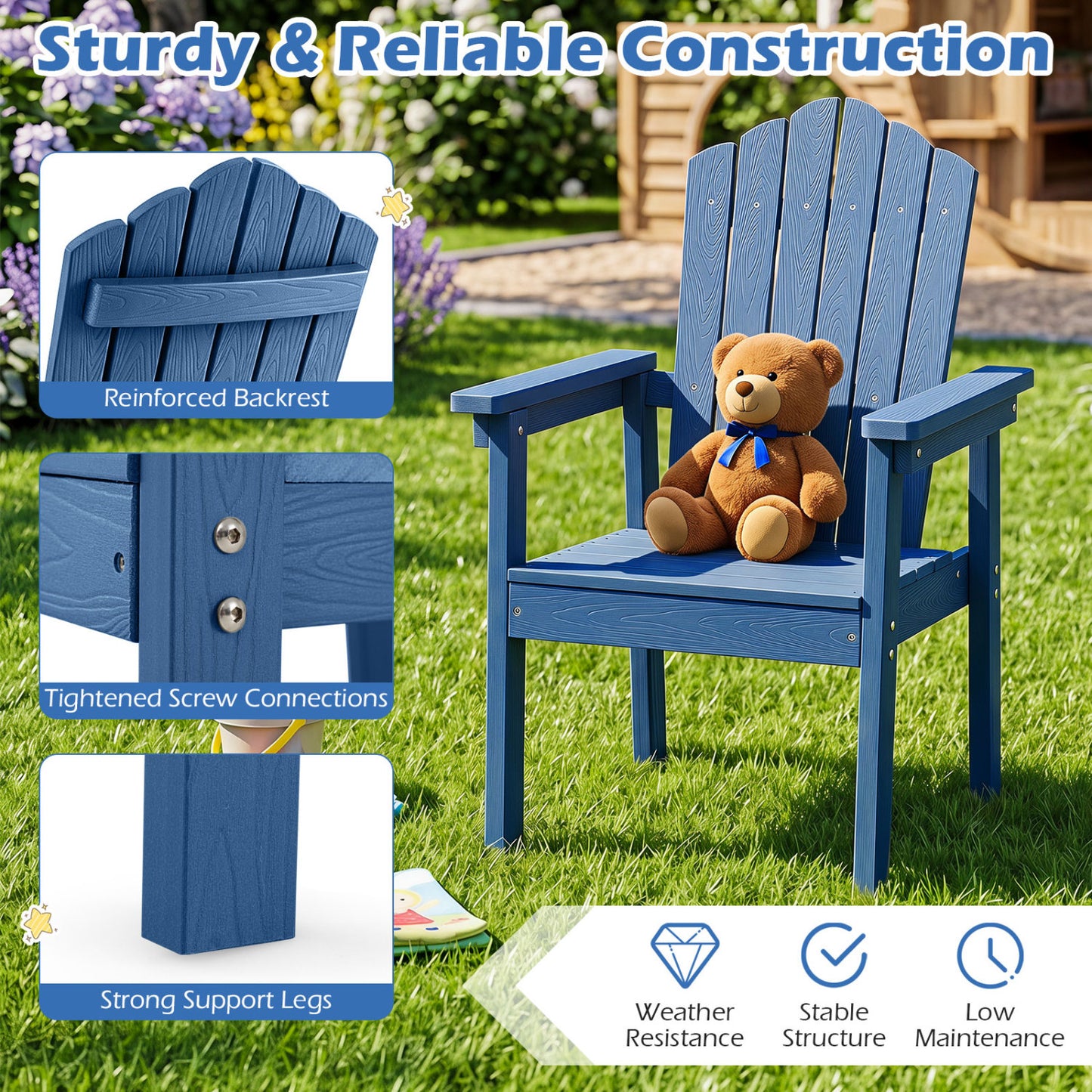 Chaise Adirondack à dossier haut, larges accoudoirs, bleu marine