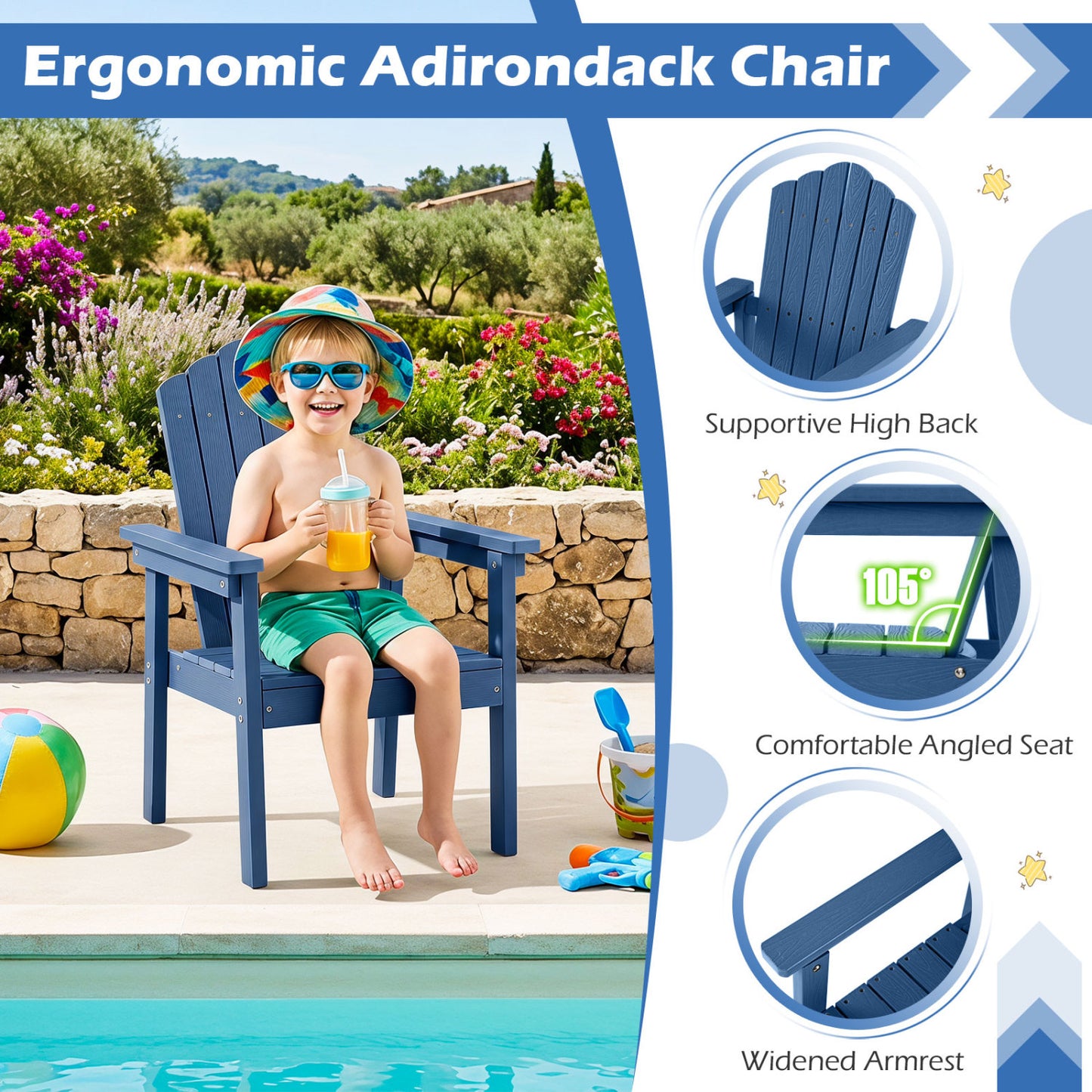 Chaise Adirondack à dossier haut, larges accoudoirs, bleu marine