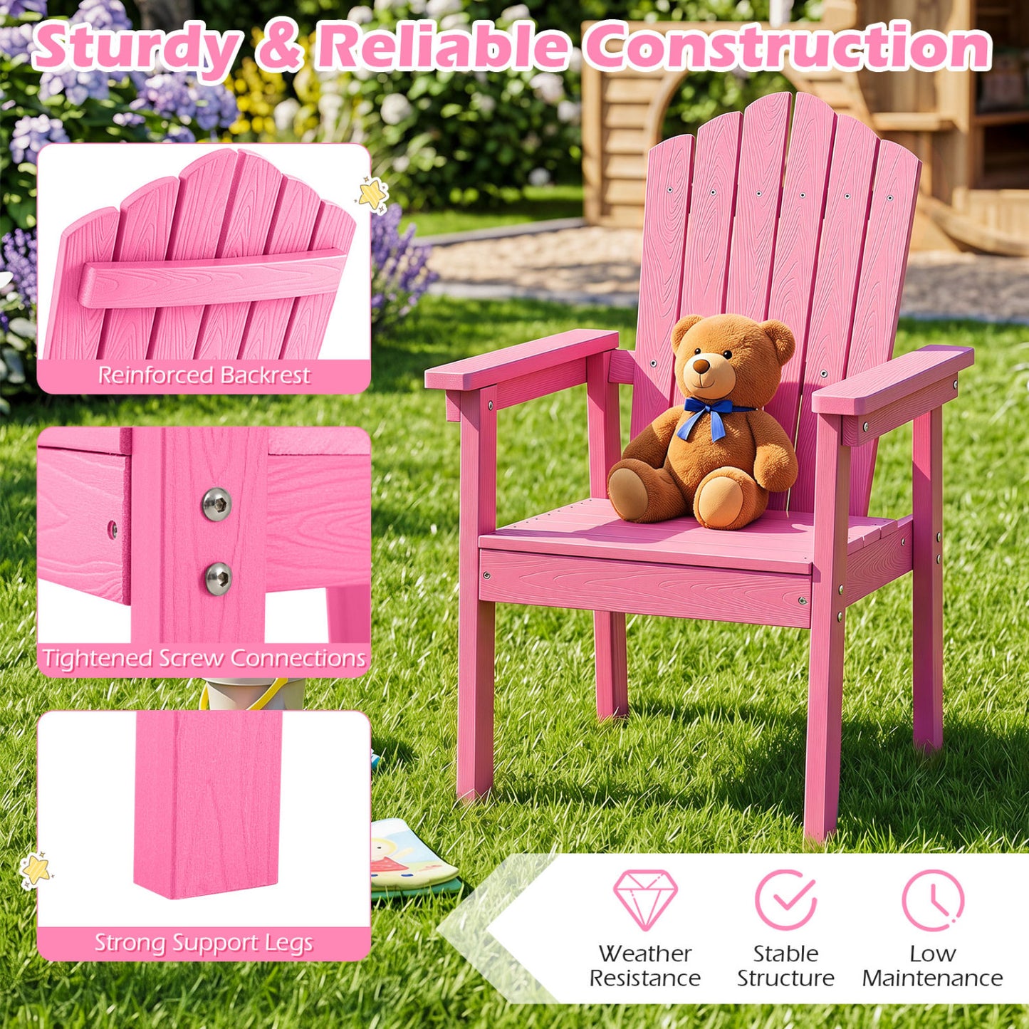 Chaise Adirondack d'extérieur avec dossier haut, rose