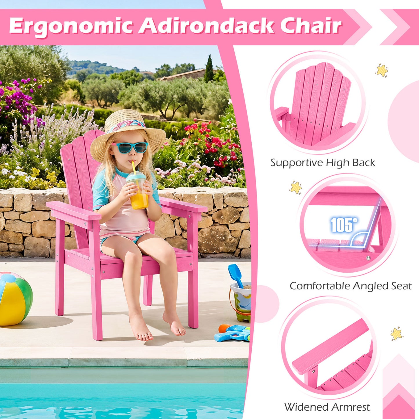 Chaise Adirondack d'extérieur avec dossier haut, rose