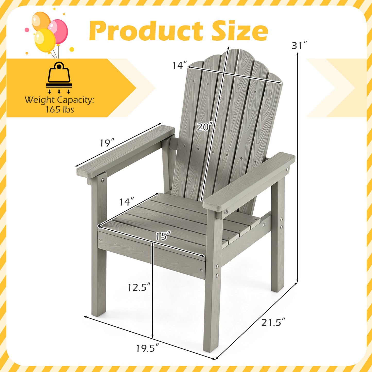 Chaise Adirondack d'extérieur, dossier haut, accoudoirs larges, argent