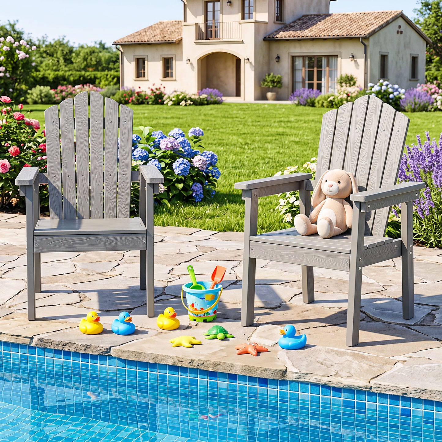 Chaise Adirondack d'extérieur, dossier haut, accoudoirs larges, argent