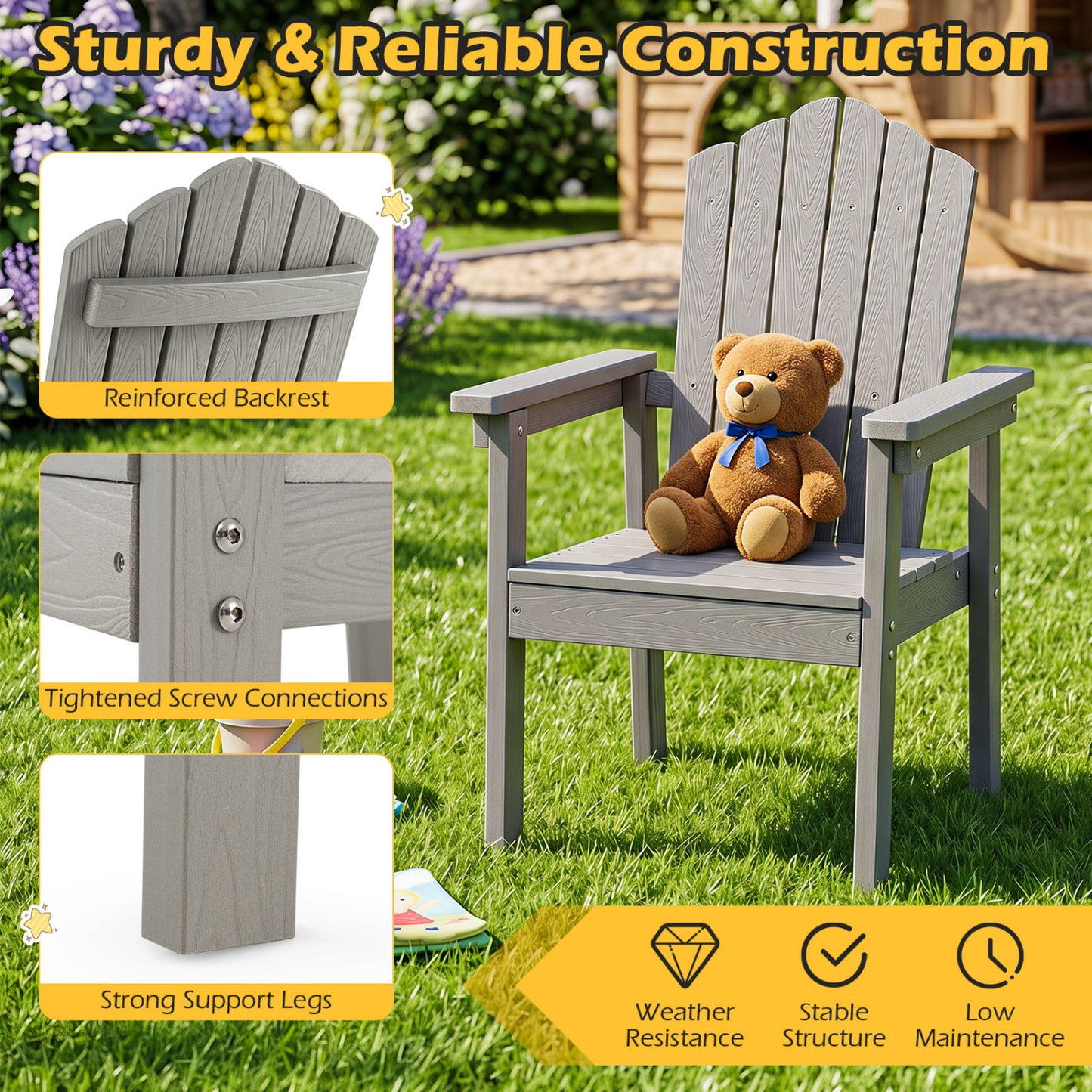 Chaise Adirondack d'extérieur, dossier haut, accoudoirs larges, argent