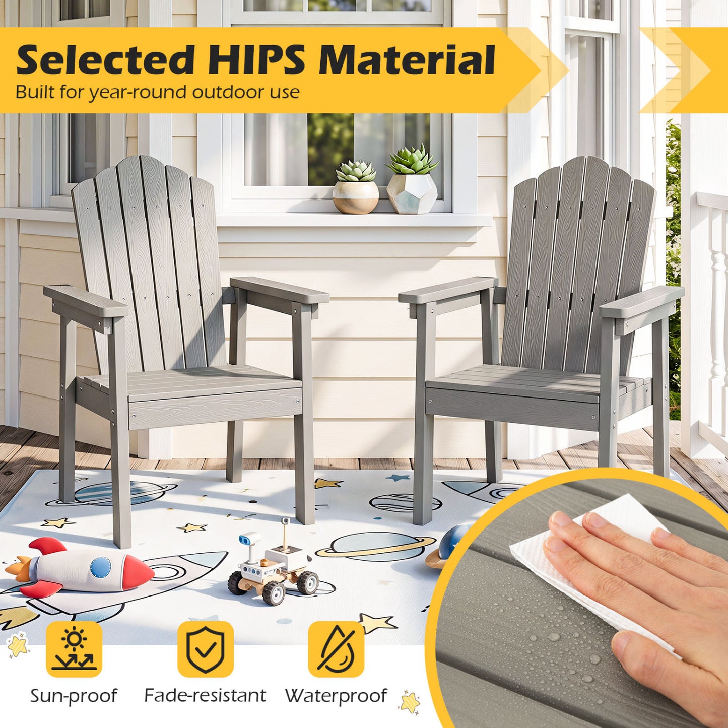 Chaise Adirondack d'extérieur, dossier haut, accoudoirs larges, argent