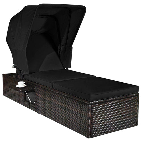 Outdoor Adjustable Chaise Lounge Chair With Folding Canopy, Black
