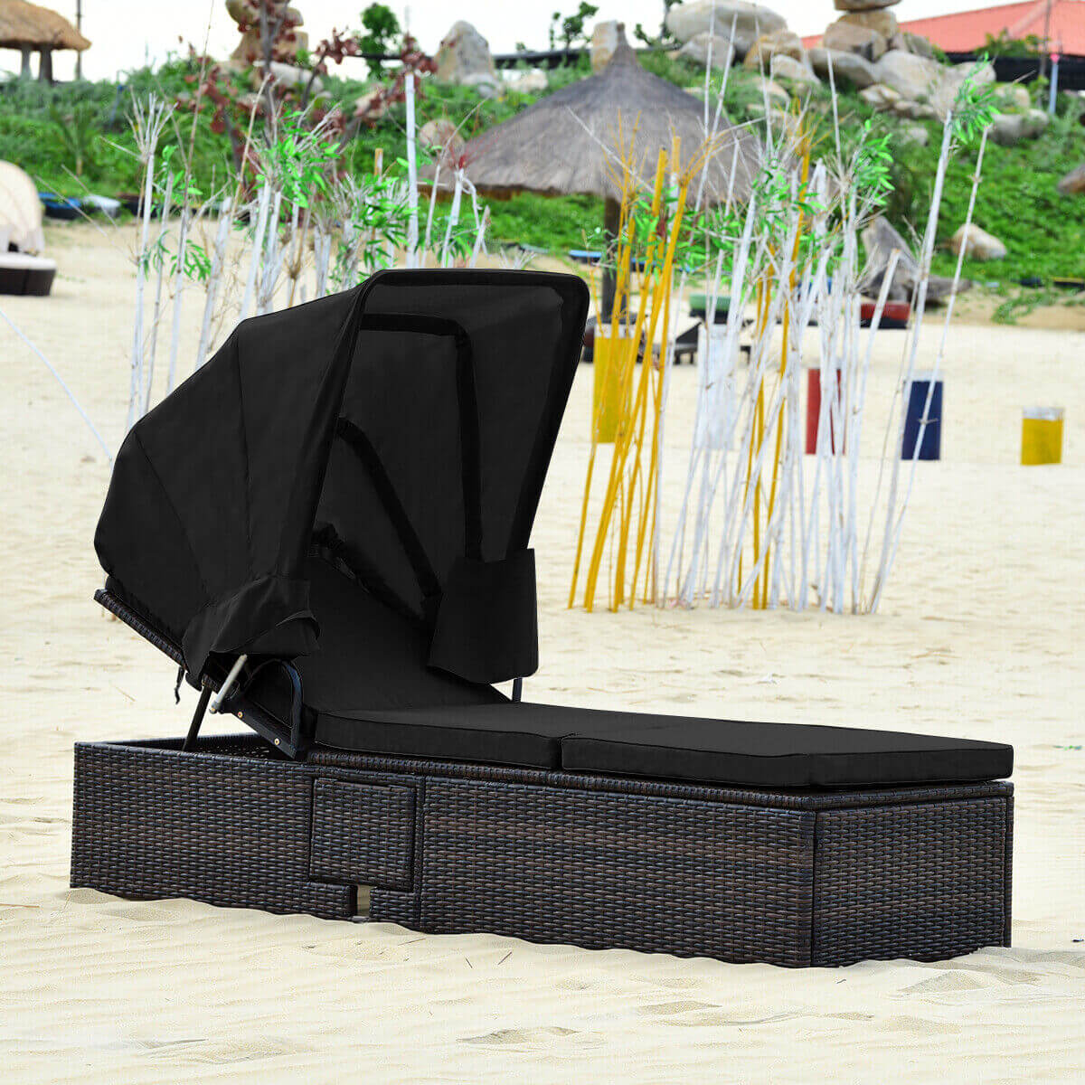 Outdoor Adjustable Chaise Lounge Chair With Folding Canopy, Black Outdoor Chaise Lounges at Gallery Canada