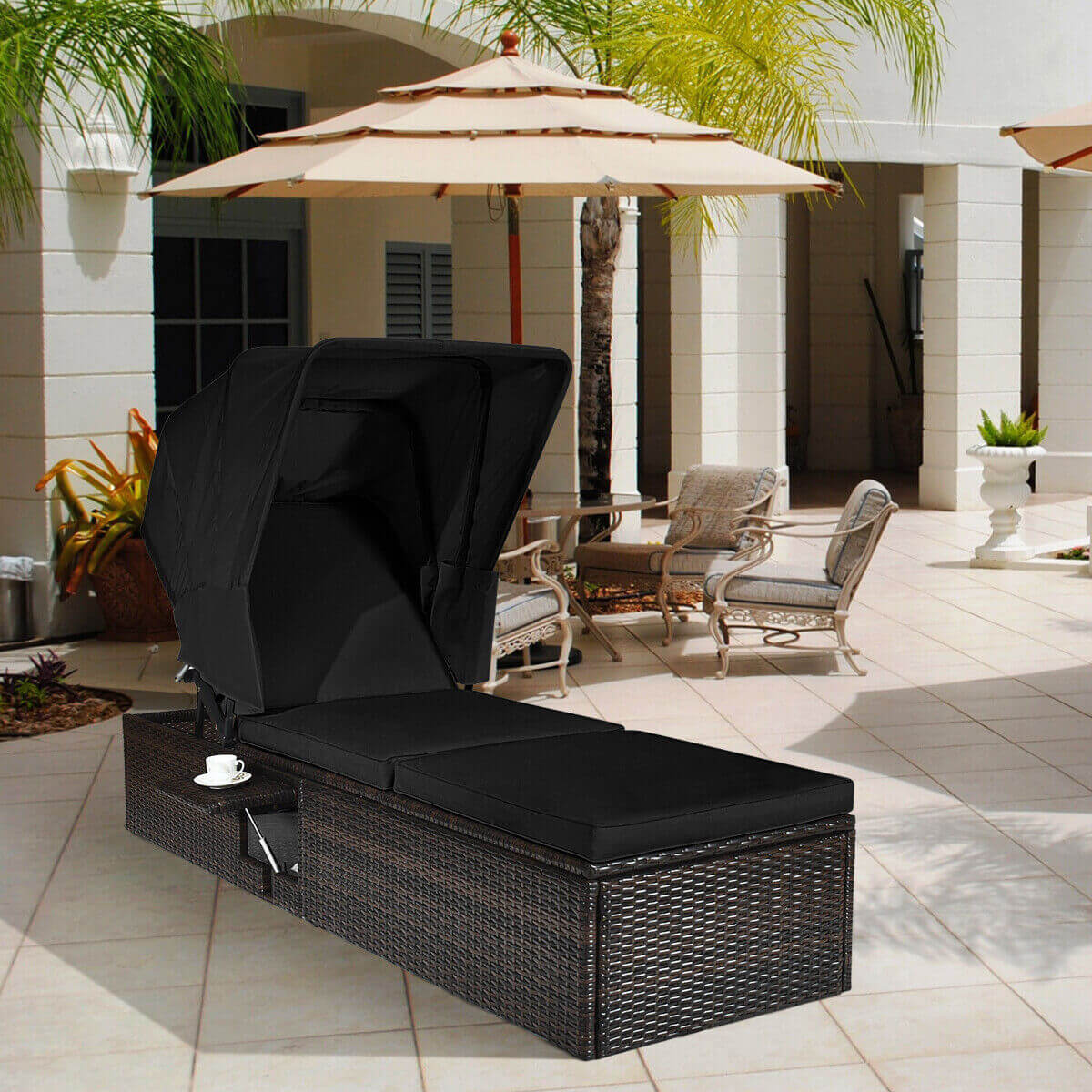 Outdoor Adjustable Chaise Lounge Chair With Folding Canopy, Black Outdoor Chaise Lounges at Gallery Canada