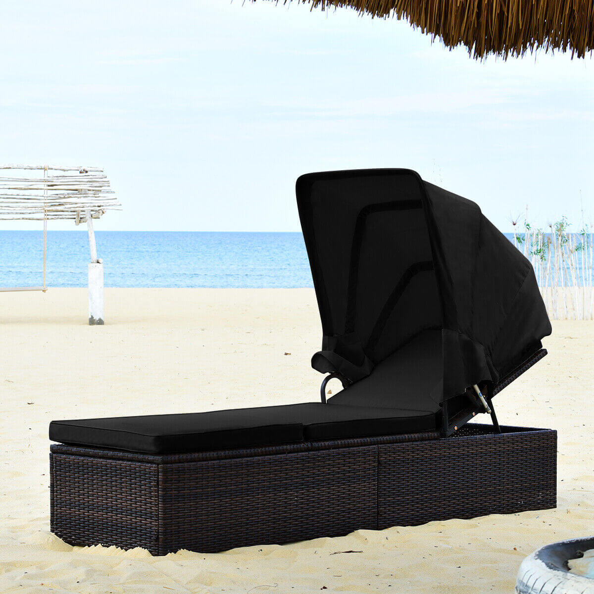 Outdoor Adjustable Chaise Lounge Chair With Folding Canopy, Black Outdoor Chaise Lounges at Gallery Canada