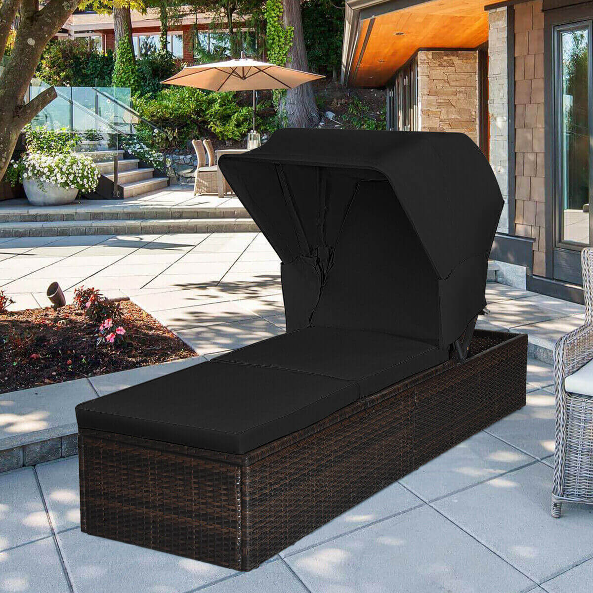 Outdoor Adjustable Chaise Lounge Chair With Folding Canopy, Black Outdoor Chaise Lounges at Gallery Canada