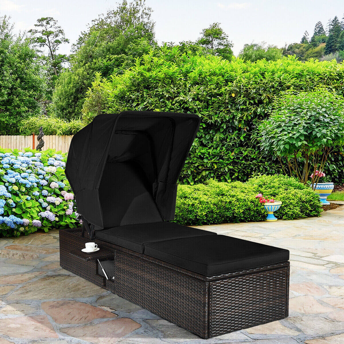 Outdoor Adjustable Chaise Lounge Chair With Folding Canopy, Black Outdoor Chaise Lounges at Gallery Canada