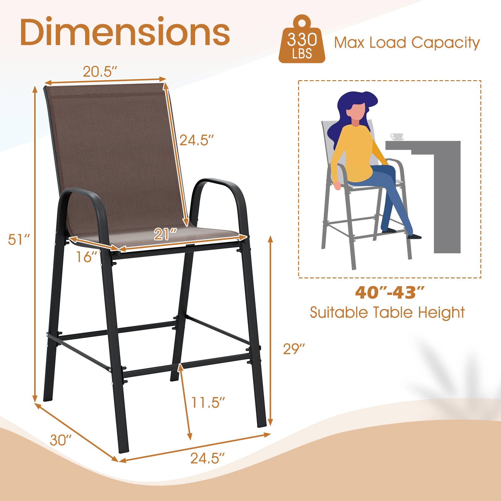 Outdoor Bar Stools Set of 2 29 Inch Fabric Bar Height Stools with Armrests, Brown Patio Bar Furniture at Gallery Canada