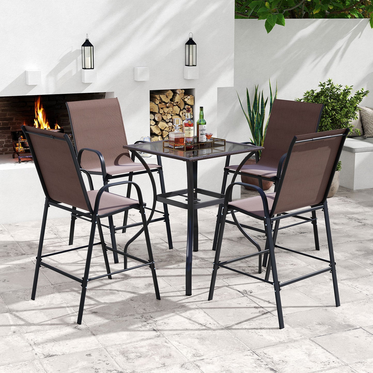 Outdoor Bar Stools Set of 2 29 Inch Fabric Bar Height Stools with Armrests, Brown Patio Bar Furniture at Gallery Canada